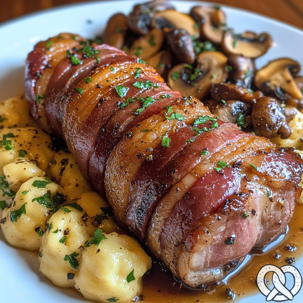 Schweinefilet im Speckmantel mit Champignons und Spätzle